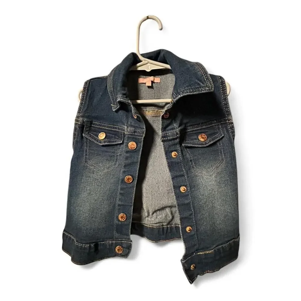 Size girls 6 Denim vest with vintage patchwork hexagon quilt boho hippie folk - Picture 3 of 4